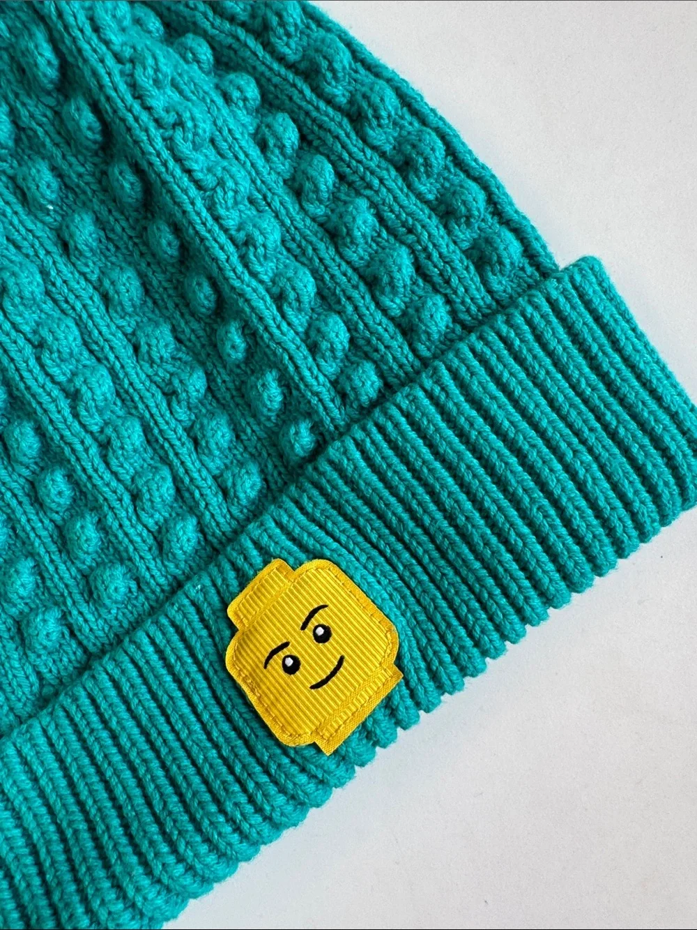 Kids Lego Brand Teal Knit Beanie with Yellow Brick Face Patch